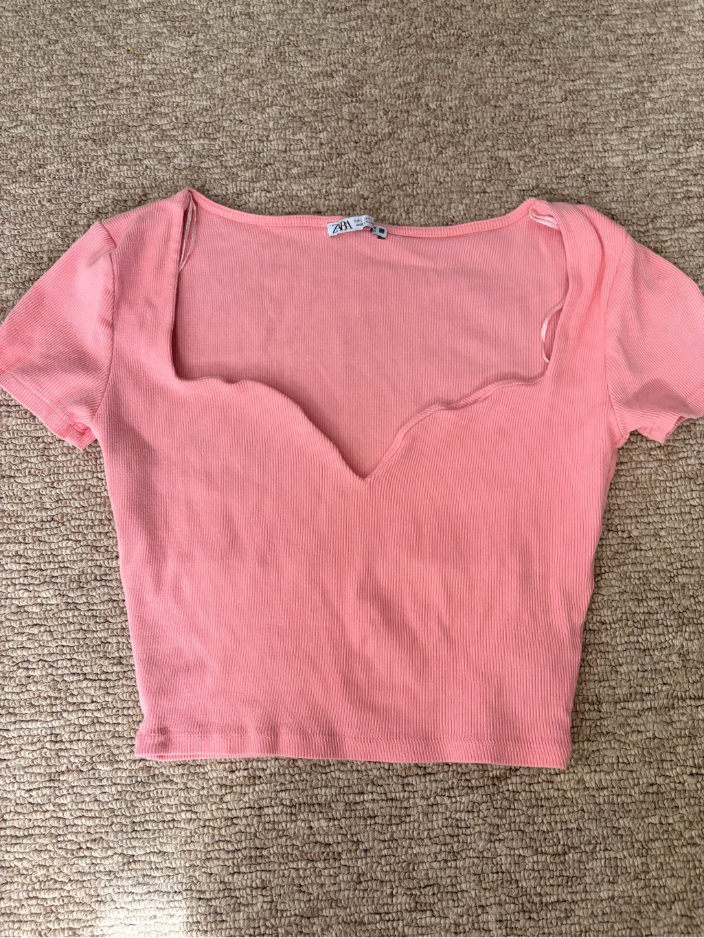 Zara Pink Ribbed Sweetheart Neck Short Sleeve Top
